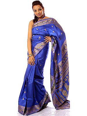 Royal-Blue Sari from Kolkata with Paisleys Woven by Hand