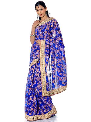 Royal-Blue Sari with All-Over Large Painted Jaal and Sequined Border
