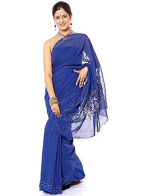 Royal-Blue Sari with Embroidered Sequins