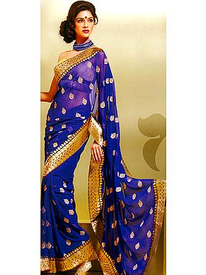 Royal-Blue Sari with Metallic Thread Embroidered Bootis All-Over and Paisleys Patch Border