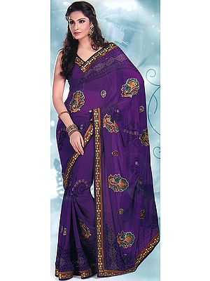 Royal-Purple Printed Sari with Embroidered Flowers All-Over and Patch Border