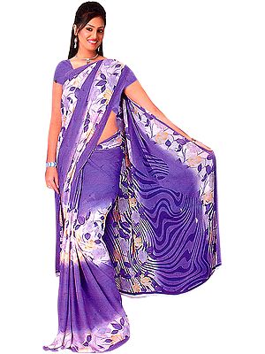 Royal-Purple Sari with Printed Flowers and Embroidered Bootis