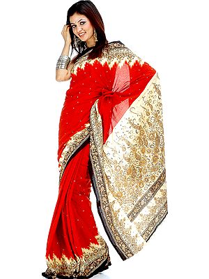 Rust and Ivory Printed Crepe Sari with Beads and Threadwork