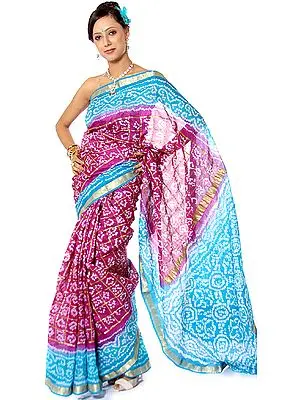 Purple and Blue Bandhani Gharchola Sari from Gujarat