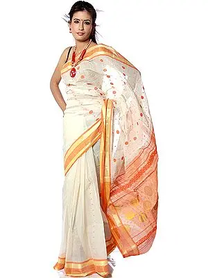 Ivory Tengail Sari with All-Over Orange Bootis