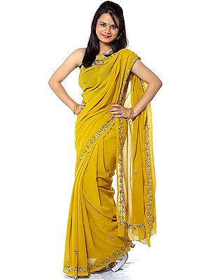 Old-Gold Sari with Parsi Embroidered Flowers