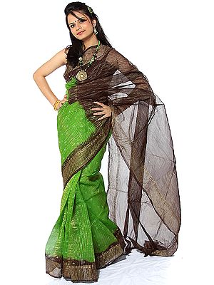 Lime-Green Gajji Silk Sari from Gujarat