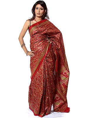 Red Sari from Kolkata with Printed Flowers