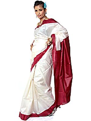 Plain Ivory Puja Sari Sari with Purple Border