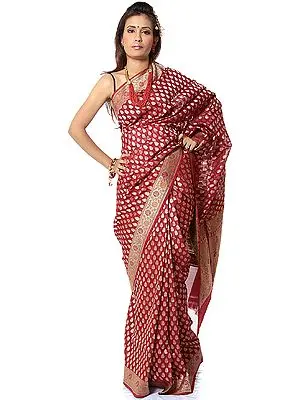 Red Bridal Sari from Banaras with All-Over Hand-woven Leaves and Brocaded Border