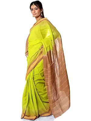 Lime-Green Bengali Hand-woven Puja Sari