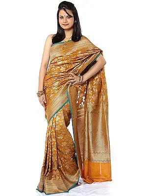 Mustard Sari from Banaras with Woven Flowers in Golden Thread