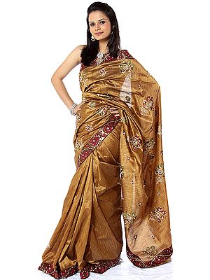 Golden Banarasi Sari with Beadwork and Sequins