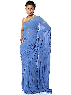 Sky-Blue Sari with Multi-Color Sequins