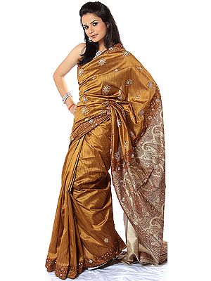 Golden-Oak Banarasi Sari with Beadwork and Sequins