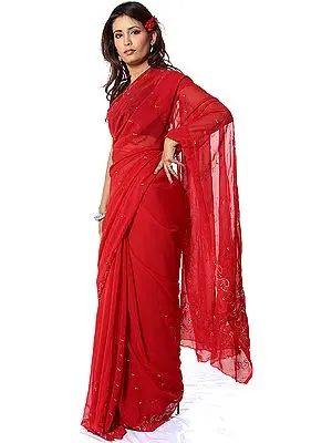 Red Sari with Sequins and Threadwork