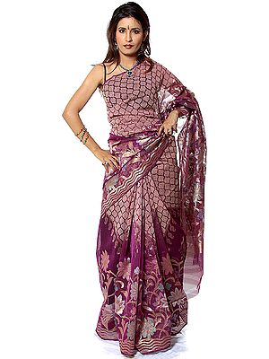 Purple Net Sari from Banaras with Brocaded Flowers