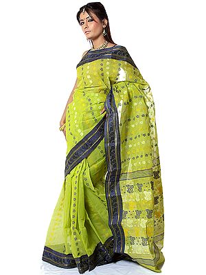 Pear-Green Tengail Sari from Kolkata with All-Over Weave