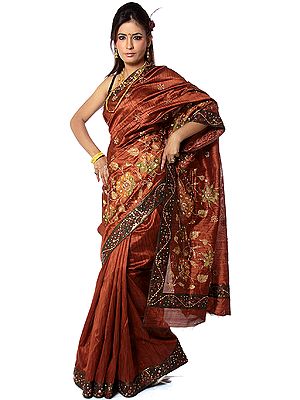 Chutney-Brown Banarasi Sari with Beadwork and Sequins