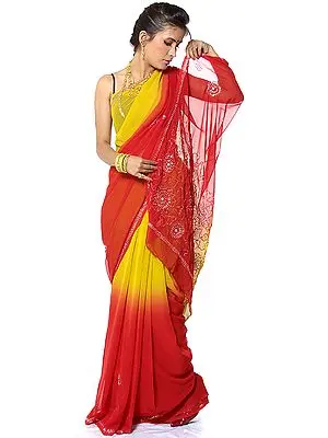 Red and Olive Sari with Sequins and Threadwork