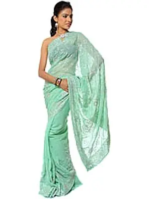 Hemlock-Green Sari with Sequins and Threadwork