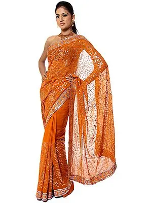 Burnt-Orange Sari with All-Over Embroidered
