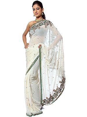 Ivory and Green Wedding Sari with Sequins and Intricate Embroidery on Anchal