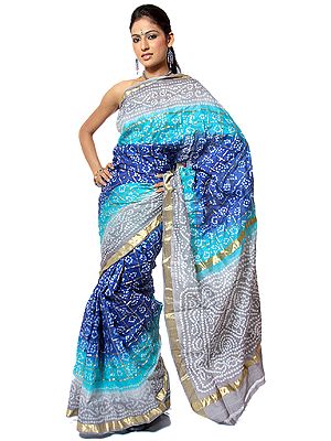 Blue and Gray Bandhani Gharchola Sari from Gujarat