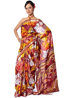 Pure Silk Printed Sari from Mysore with Golden Zari on Border