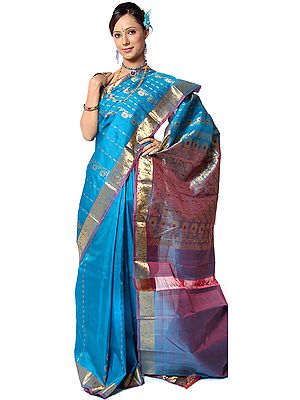 Turquoise-Blue Kanjivaram Sari with Golden Floral Weave on Anchal and Border in Golden Thread