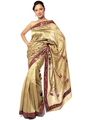Khaki Banarasi Sari with Beadwork and Sequins
