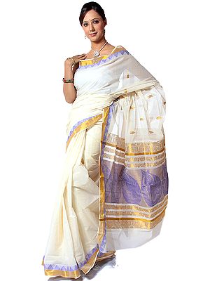 Ivory and Golden Kasavu Cotton Sari from Kerala with Little Krishna Woven on Anchal