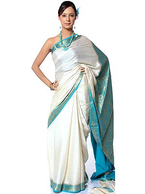 Ivory and Turquoise Pure Mysore Silk Sari with Self Weave