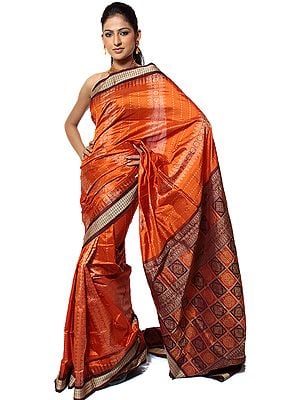 Apricot-Orange Bomkai Sari with Dense Weave on Anchal and Rudraksha Border