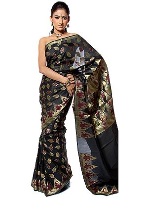 Black Banarasi Sari with Leaves and Paisleys Woven All-Over