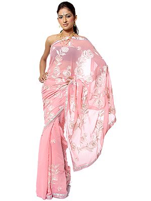Powder-Pink Sari with Floral Embroidery and Beadwork