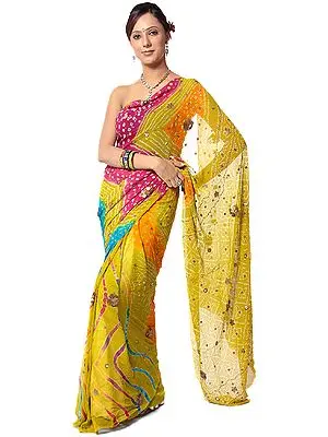 Golden-Olive Bandhani Sari with Sequins