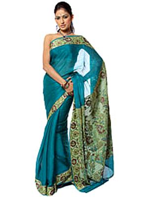 Teal-Blue Banarasi Sari with Brocaded Floral Border and Anchal