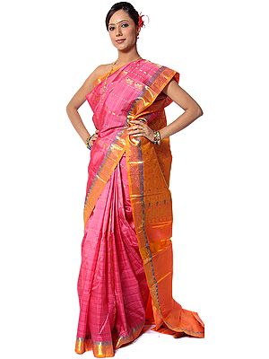 Pink Kanjivaram Sari with Golden Floral Weave on Anchal and Border in Golden Thread