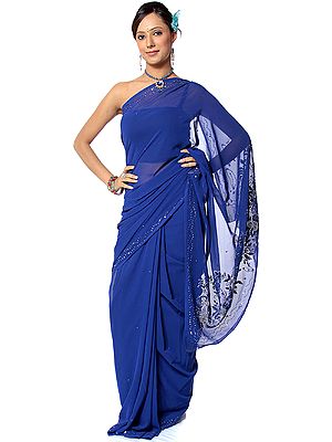 Royal Blue Sari with Sequins and Threadwork