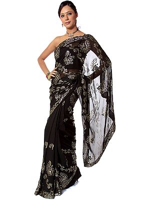 Black Sari with Sequins and Threadwork