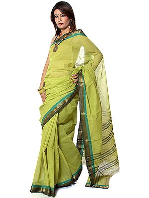 Green Narayanpet Sari with Woven Checks