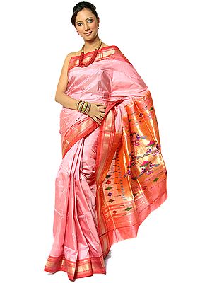 Pink Paithani Sari with Woven Peacocks on Anchal in Zari Thread