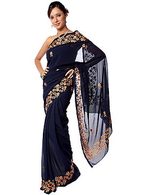Plain Midnight-Blue Sari with Parsi Embroidered Flowers
