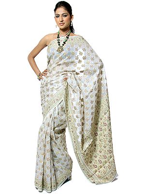 Ivory Banarasi Sari with All-Over Woven Paisleys