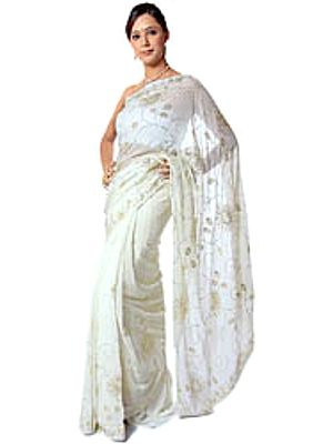 Ivory Sari with Sequins and Threadwork