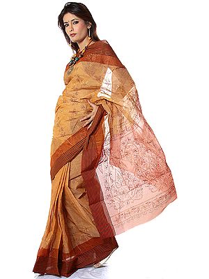Brown Kantha Hand-Embroidered Sari from Bengal