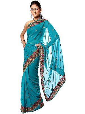 Turquoise Sari with Parsi Embroidered Flowers All-Over
