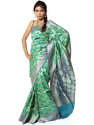 Green Jamdani Sari from Banaras with Woven Flowers in Golden Thread