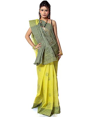 Lime-Green Kantha Hand-Embroidered Sari from Bengal